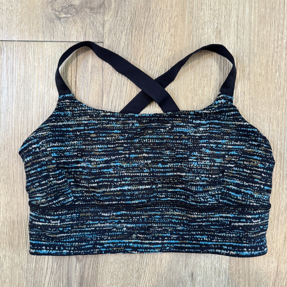 Lululemon Energy Bra High Neck Longline Blue Black Static Print Size 6 EUC